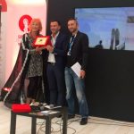 Zazie de Paris posing with Queer Lion trophy, along with jury members Alessandro Zan and Daniel N. Casagrande